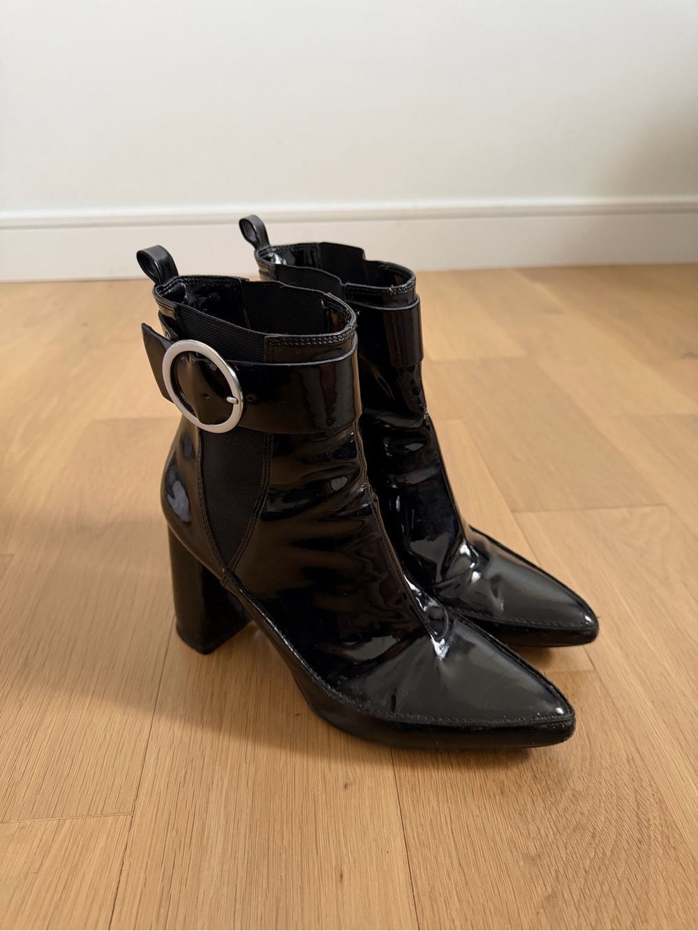 Black Patent Pointed-Toe Ankle Boots with Buckle